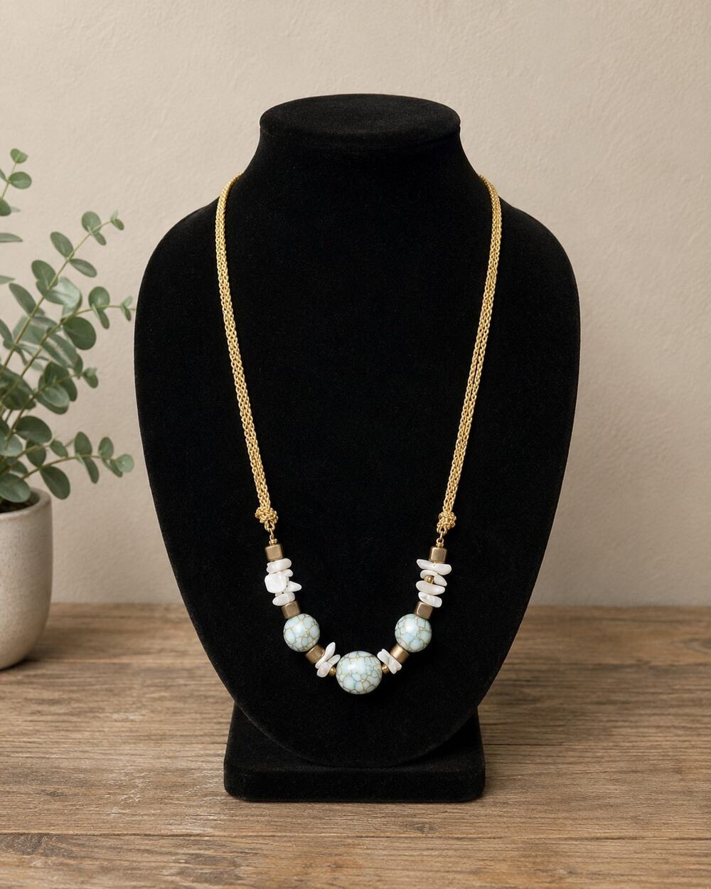 Boho Gold Cord Statement Necklace Marbled Turquoise Style Beads White Stone...